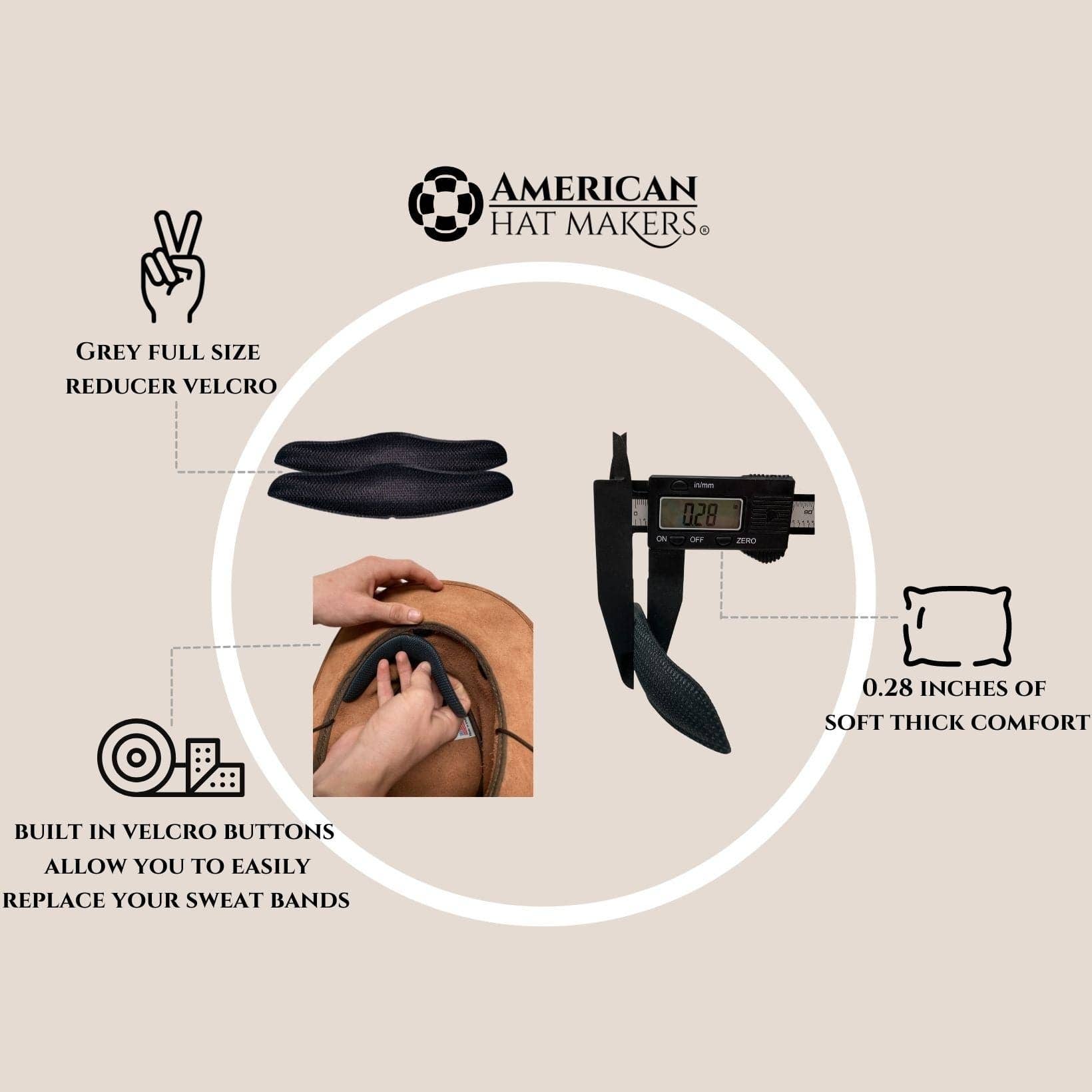 Full size reducer from American Hat Makers, showing a close-up of the leather hat accessory with detailed stitching and branding.