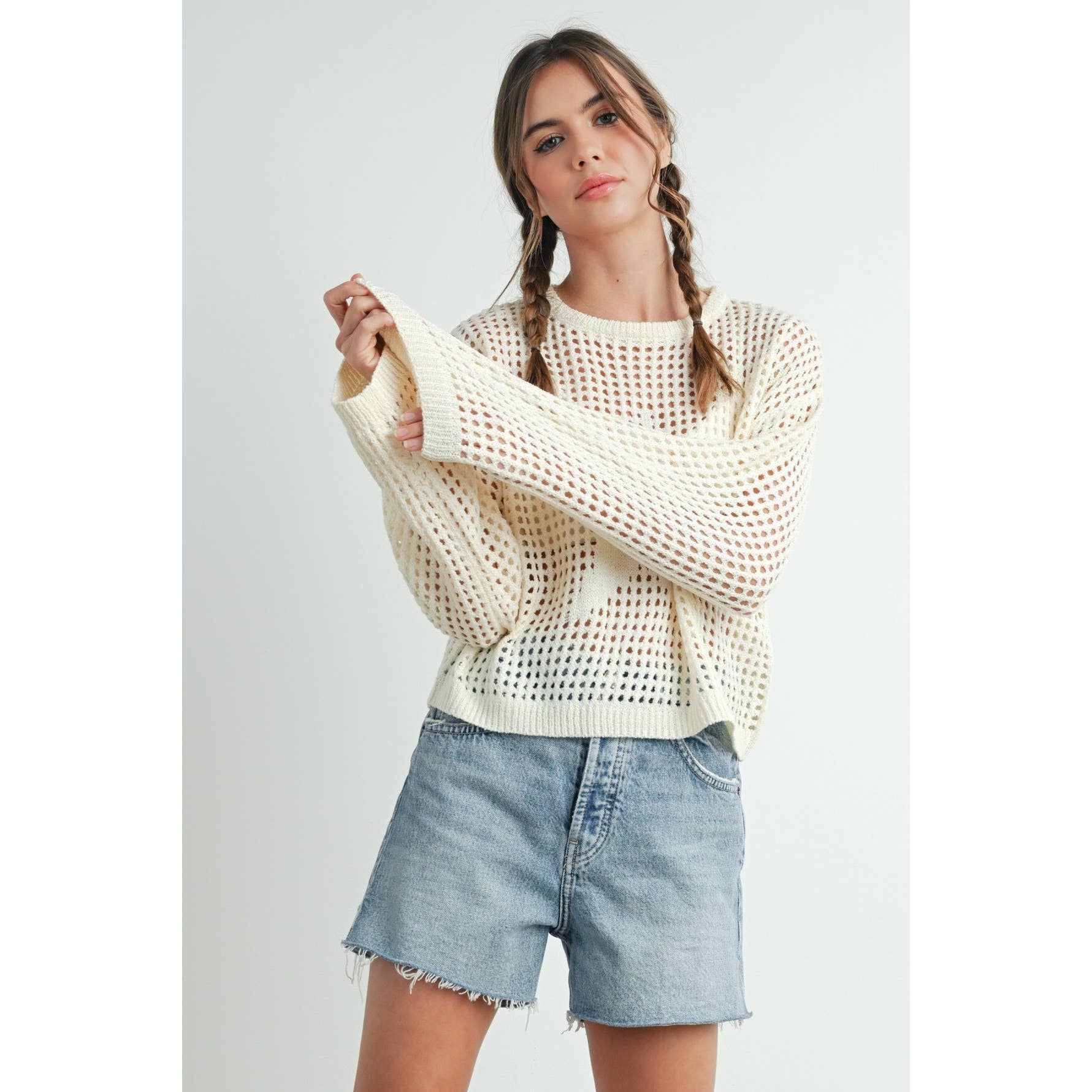 ISLEFIELD Star Open Waffle Pullover Sweater in beige with star pattern and open knit design, casual and cozy for everyday wear