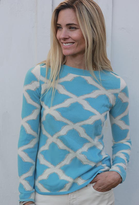ISLEFIELD Fleur De Isle Cashmere Boatneck pullover in aqua color, soft cashmere fabric, close-up of boatneck neckline and smooth texture.