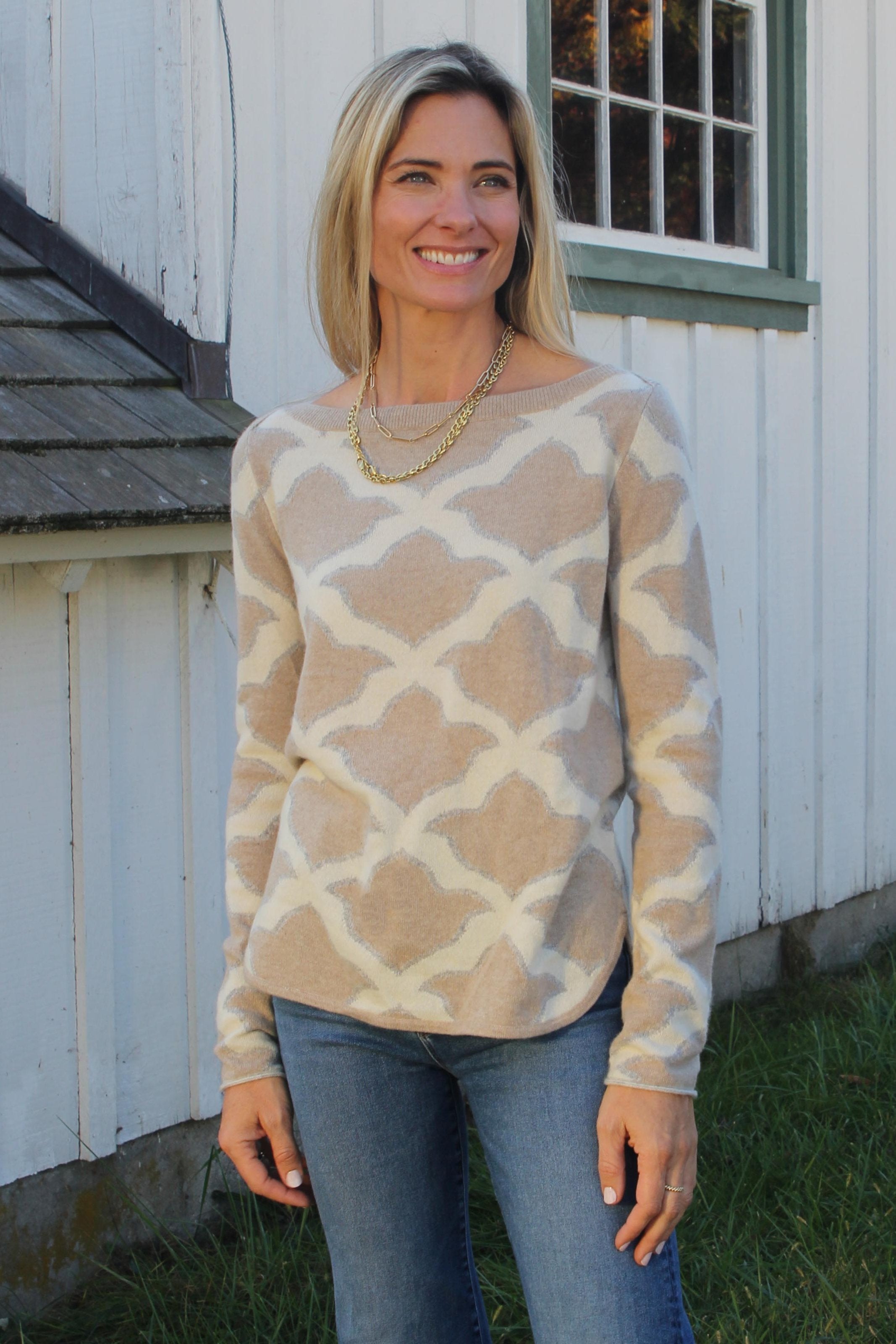 ISLEFIELD Fleur De Isle Cashmere Boatneck Pullover in tan, showcasing soft cashmere fabric and classic boatneck design.