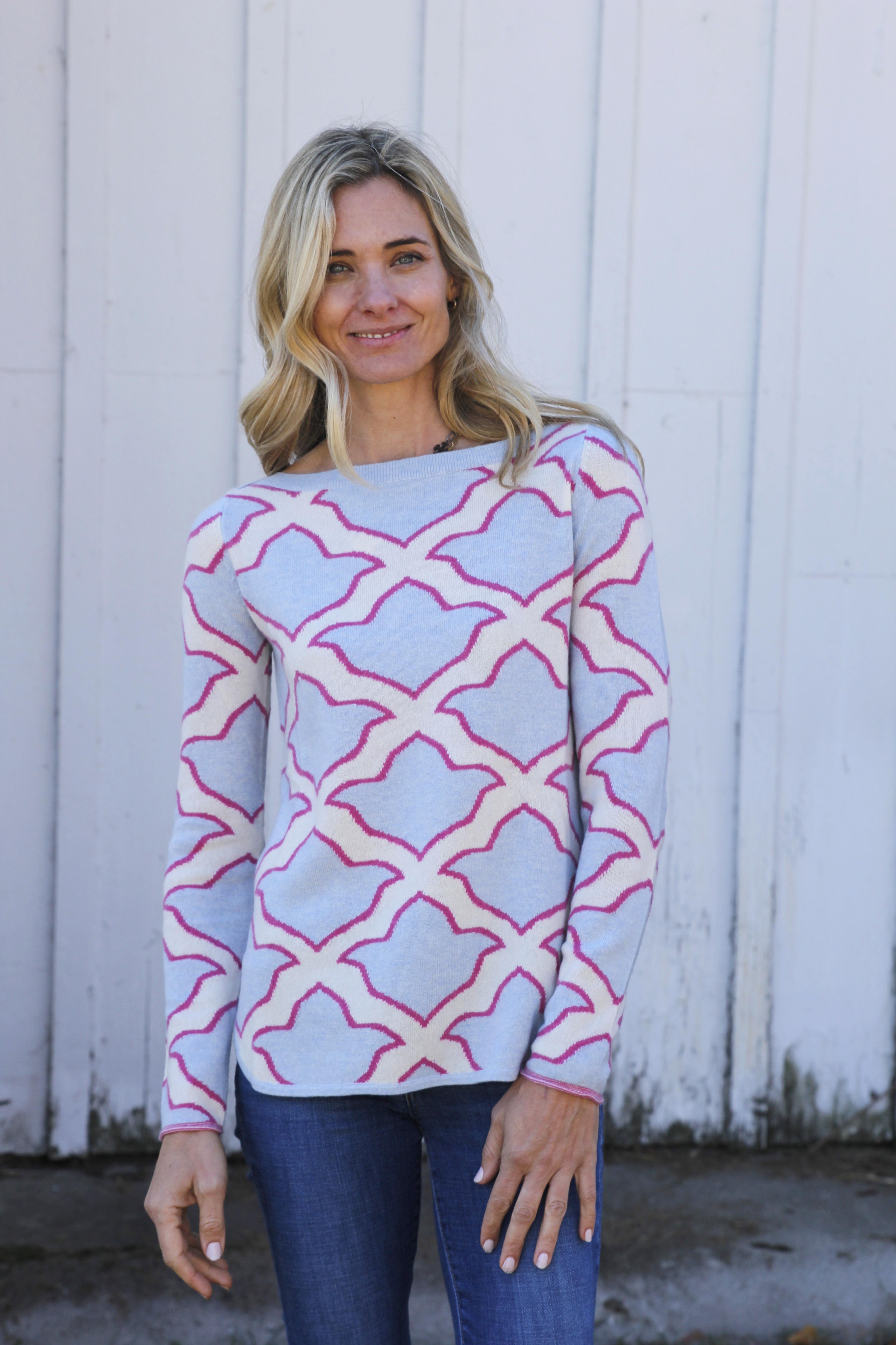 ISLEFIELD Fleur De Isle cashmere boatneck pullover in sky blue, soft knit fabric, close-up of neckline and texture.
