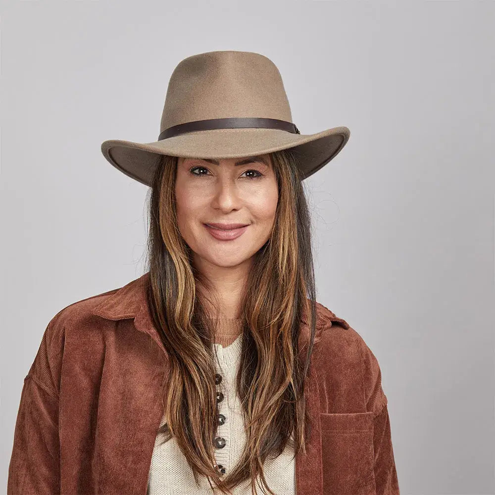 Crushable felt field hat by American Hat Makers, with a wide brim, flexible design, and stylish outdoor accessory.