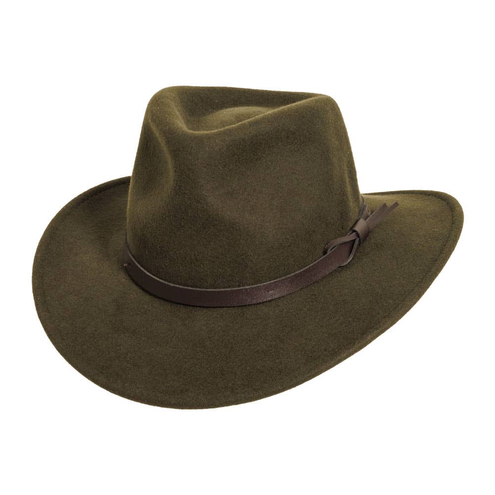 American Hat Makers crushable felt field hat with wide brim and adjustable chin strap, designed for outdoor wear and easy packing.