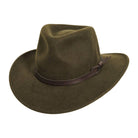 American Hat Makers crushable felt field hat with wide brim and adjustable chin strap, designed for outdoor wear and easy packing.