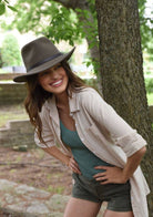 Crushable felt field hat by American Hat Makers, shown in a natural beige color with a wide brim and flexible crown.