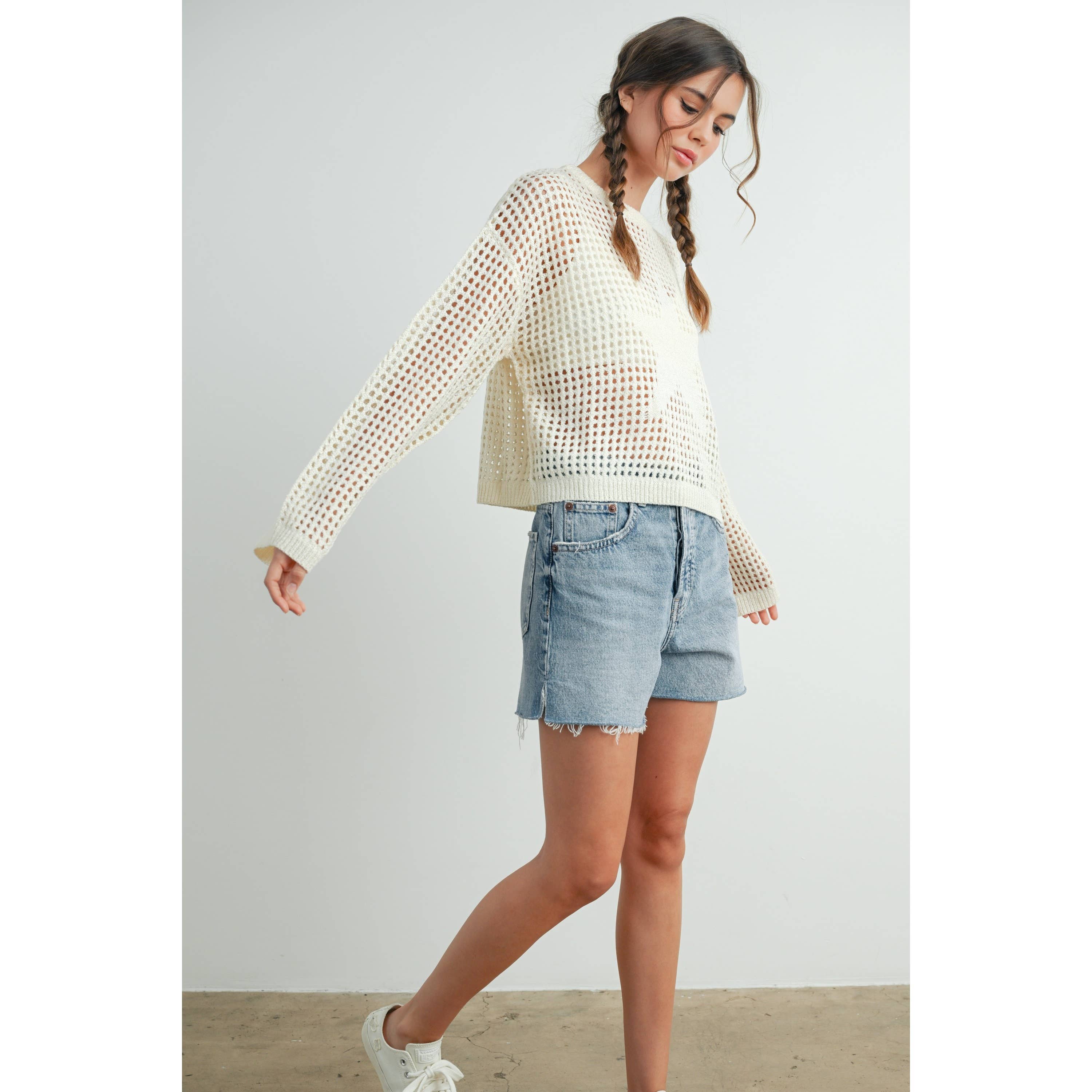 ISLEFIELD Star Open Waffle Pullover Sweater in beige with star pattern and open-knit waffle texture, casual and cozy style.