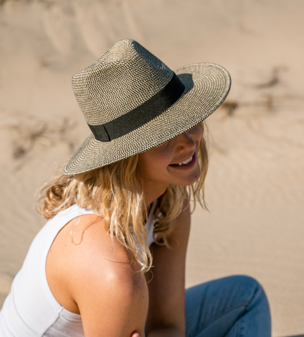 Two-tone straw hat from American Hat Makers with rope details, stylish accessory for sun protection and casual wear.