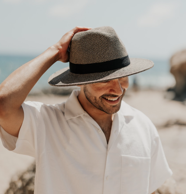 Two-tone straw Dunes Rope hat by American Hat Makers, featuring a wide brim and stylish woven design.