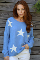 ISLEFIELD Star Crewneck sweater in Denim/Sand, star intarsia pattern, soft cashmere knit, crew neck design.