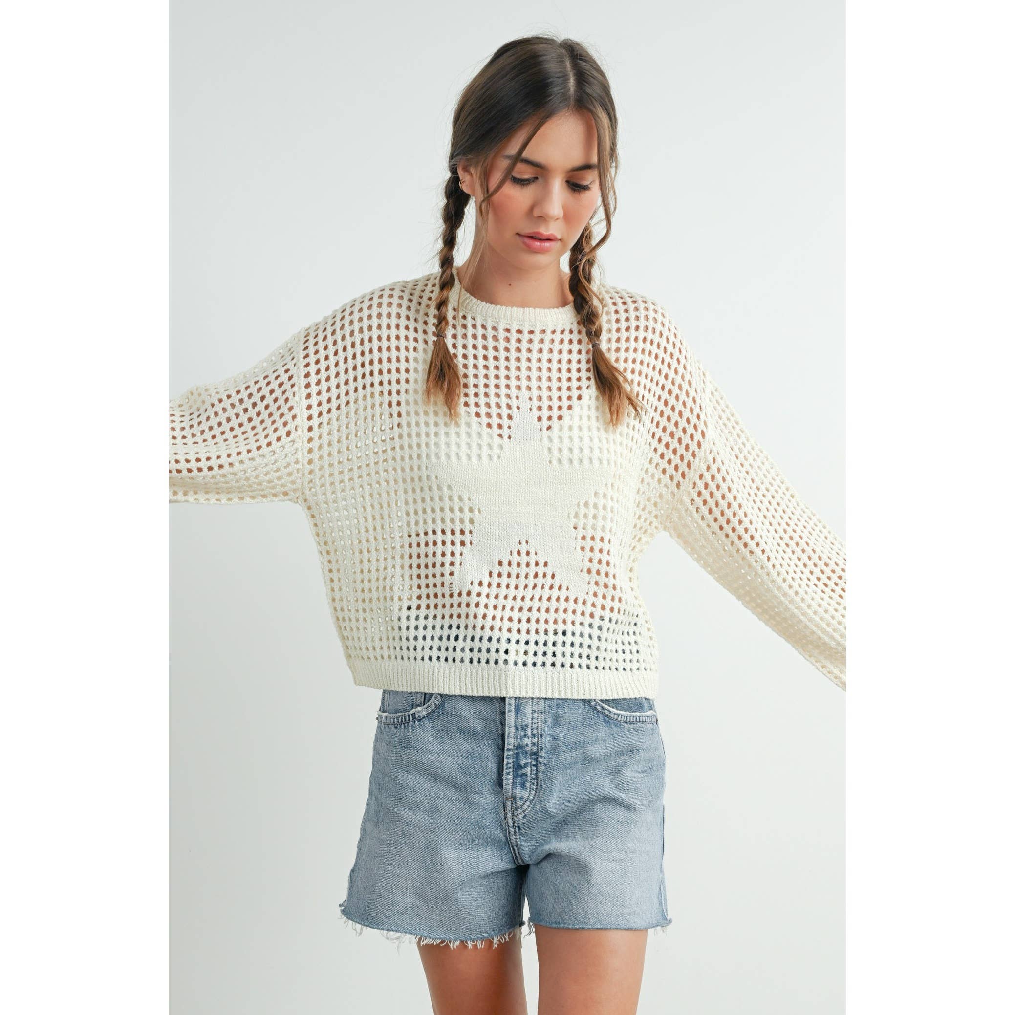 ISLEFIELD star open waffle pullover sweater with a cozy, textured knit design in a stylish open weave pattern.