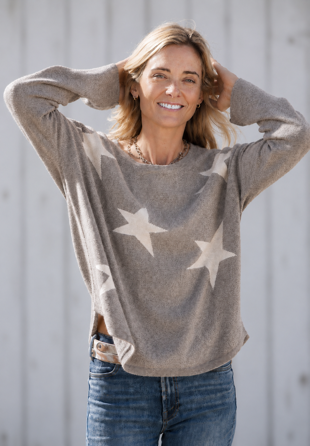 ISLEFIELD Star Crewneck sweater in Mink/Almond, styled view showing fit and cozy knit texture.