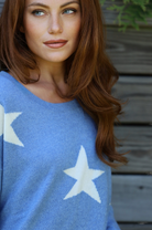 ISLEFIELD Star Crewneck sweater in Denim/Sand, styled view showing fit and cozy knit texture.