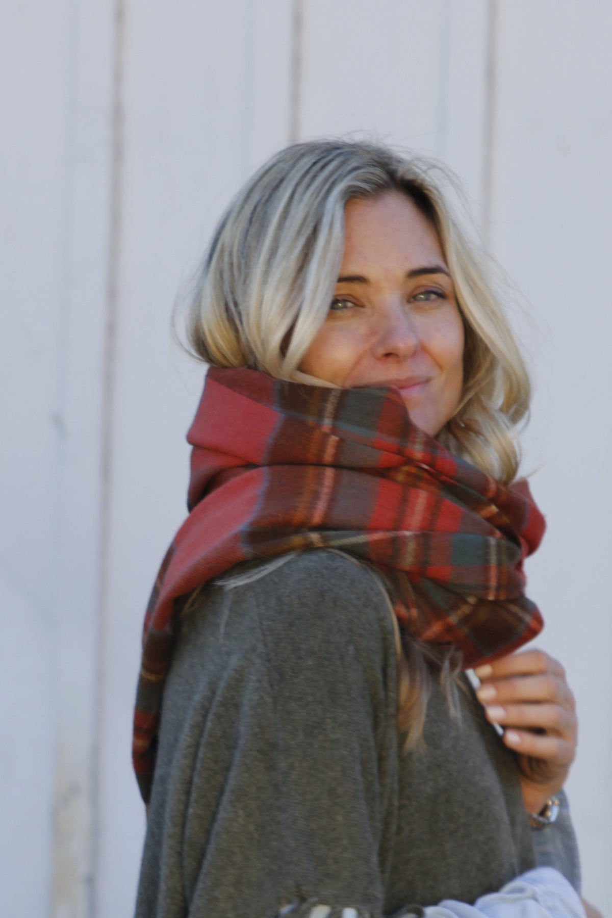 ISLEFIELD Highland Tartan scarf throw with fringed edges in olive green and red plaid pattern, cozy and stylish for winter.