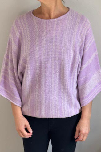 Lavender ISLEFIELD Go To Stripe pullover sweater displayed on a hanger, featuring a stylish striped design and cozy knit fabric.