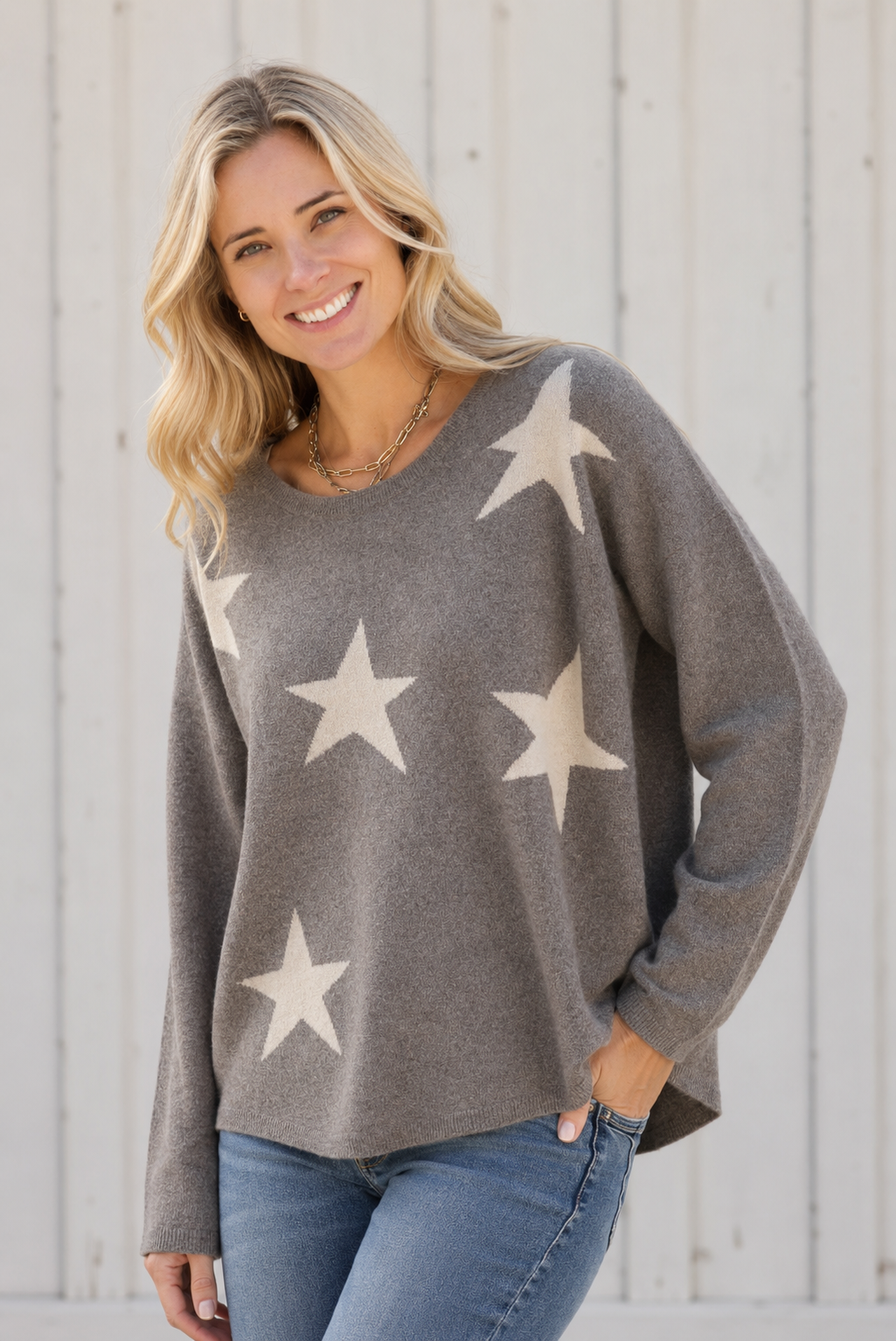 ISLEFIELD Star Crewneck sweater in Mink/Almond, star intarsia pattern, soft cashmere knit, crew neck design.