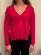 ISLEFIELD Easy Linen V Neck pullover in vibrant fuchsia, showcasing lightweight linen fabric and relaxed fit.