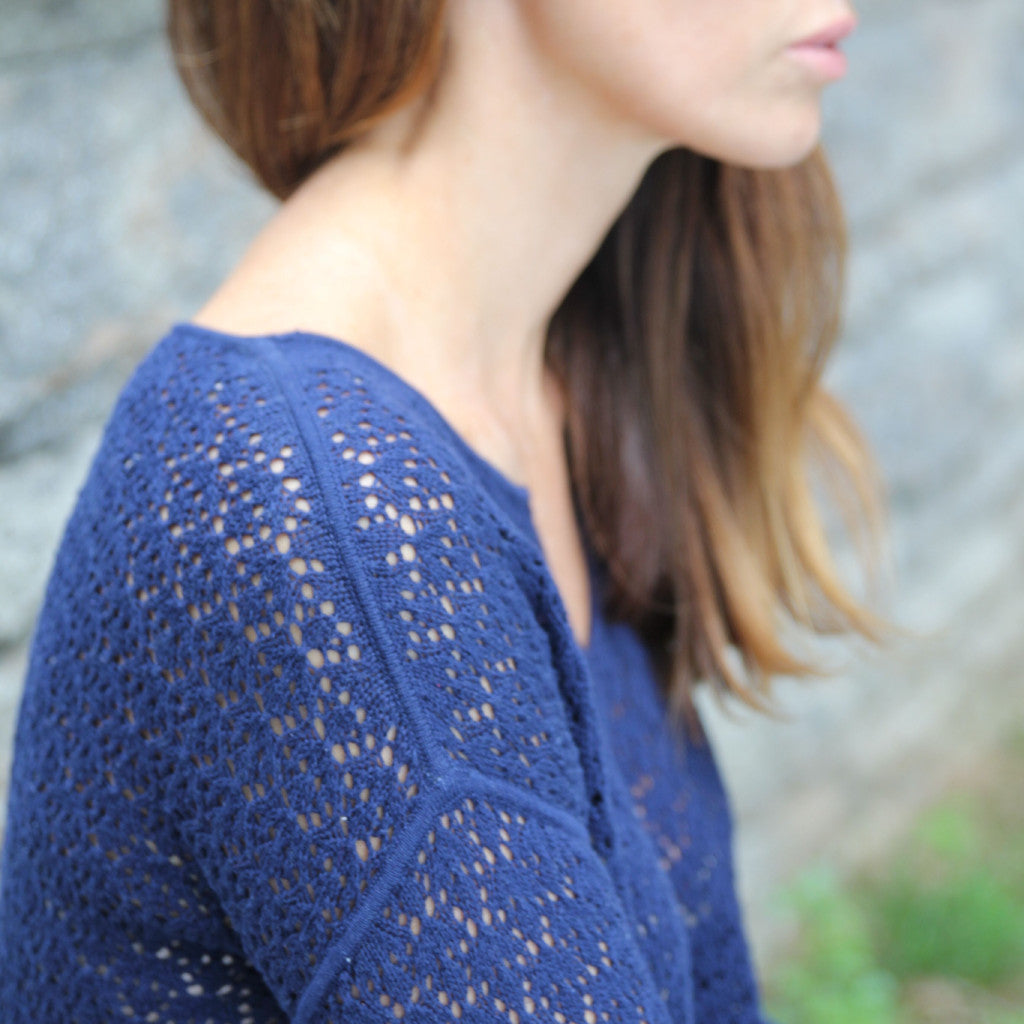 ISLEFIELD petite pointelle patterned pullover sweater with delicate knit design and fitted style, displayed on a neutral background.